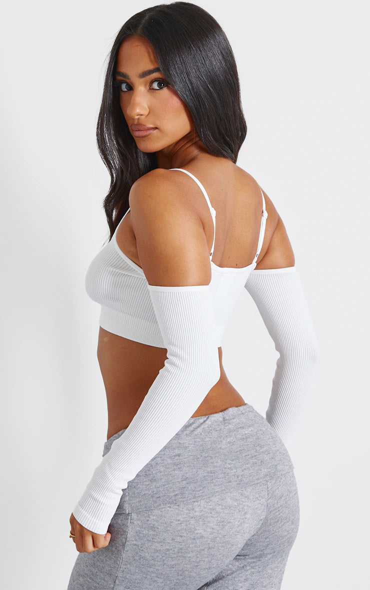 WHITE SNATCHED RIB COLD SHOULDER CROP TOP