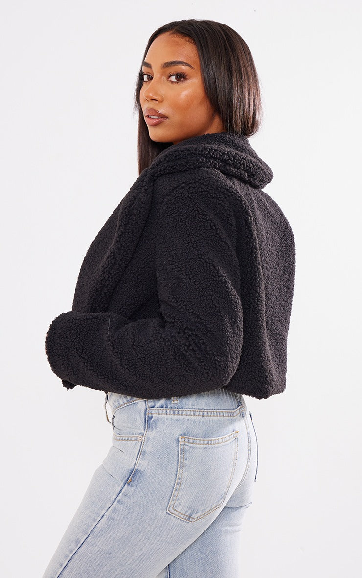 TALL BLACK TEDDY FUR BUTTON CROPPED COAT