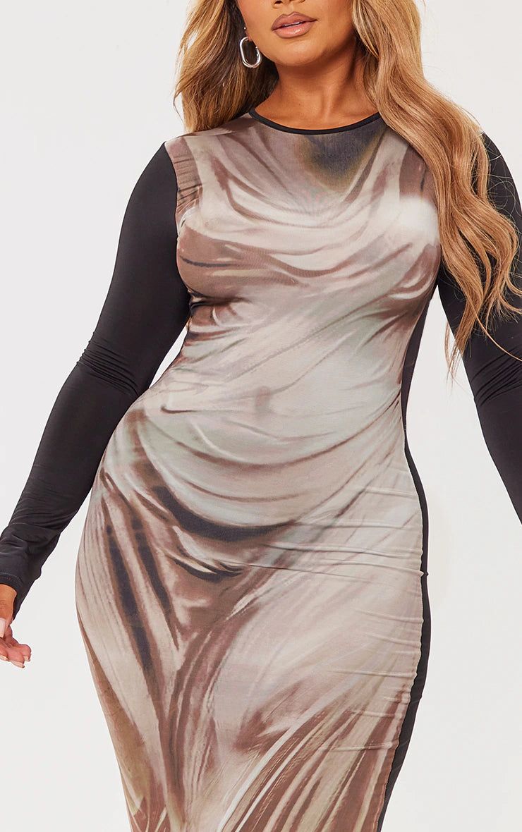 Shape Stone Slinky Body Print Long Sleeve Maxi Dress