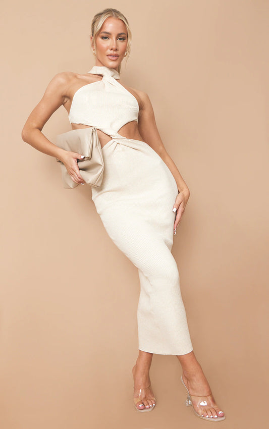 Cream Knitted Twist Front Maxi Dress