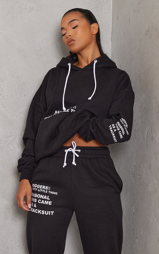 Black Oversized Graphic Printed Pocket Front Hoodie