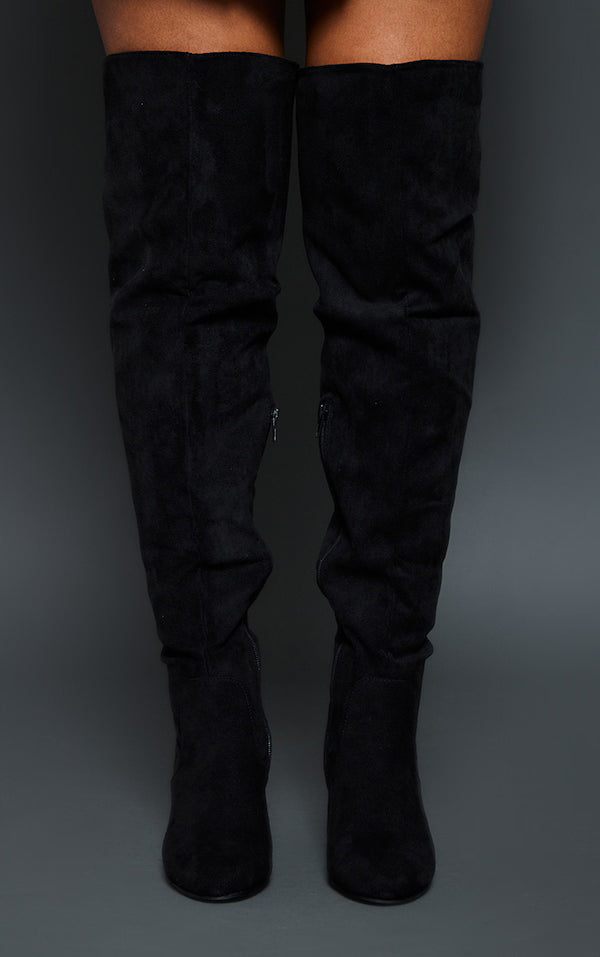 Black Faux Suede Stitch Detail High Block Heeled Over The Knee Boots