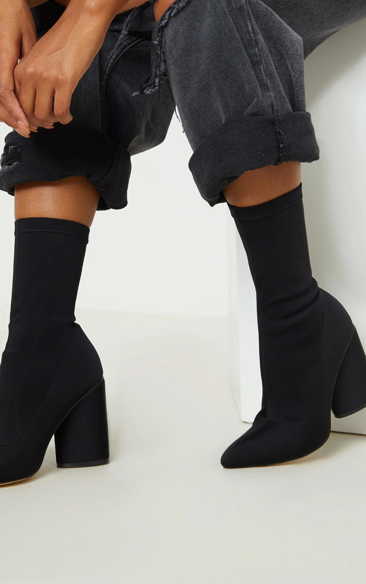 Black Chunky Block Heel Sock Boot