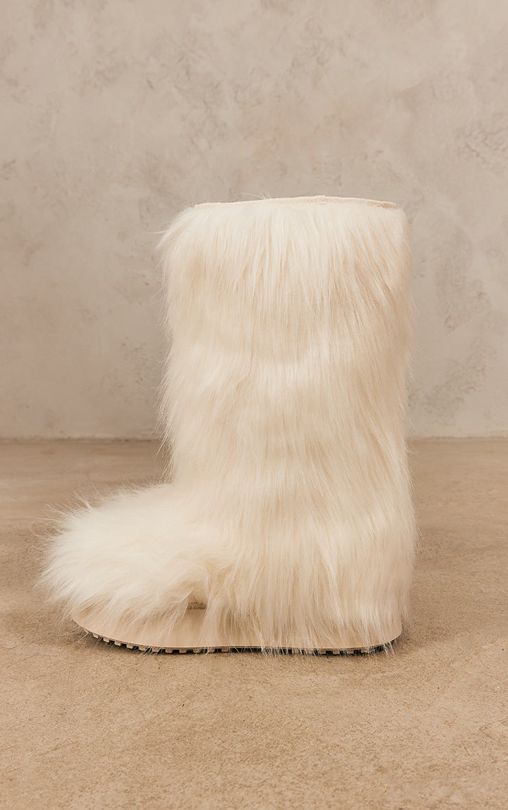 Cream Extra Fluffy Faux Fur Calf Boots