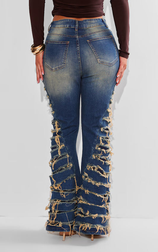 Shape Indigo Vintage Wash Denim Extreme Ripped Flare Jeans