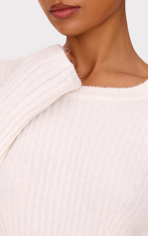 Cream Soft Textured Rib Knit Mini Dress