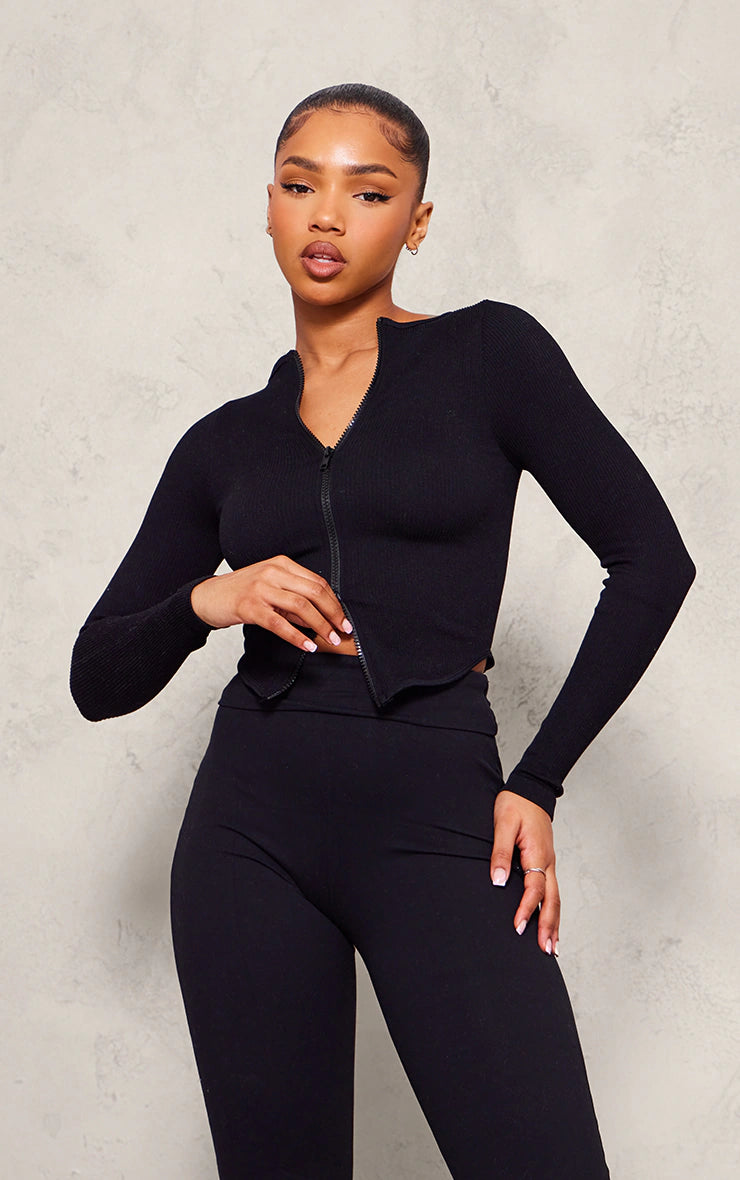 Black Contour Rib Double Zip Top