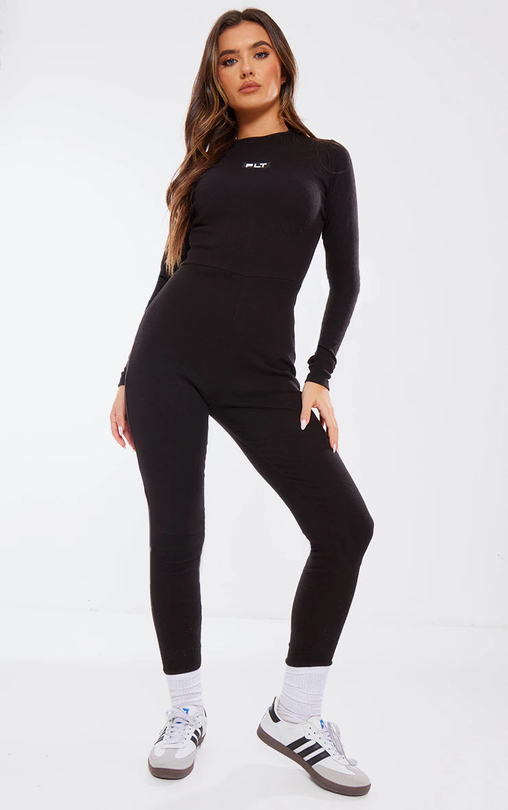 Black Ribbed Long Sleeve Jumpsuit