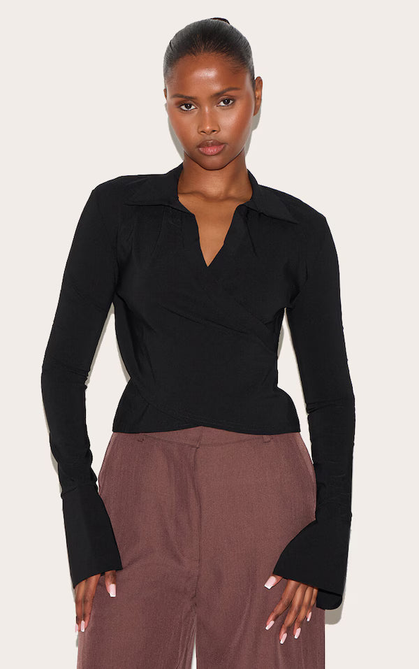 Black Bengaline Wrap Detail Fitted Shirt