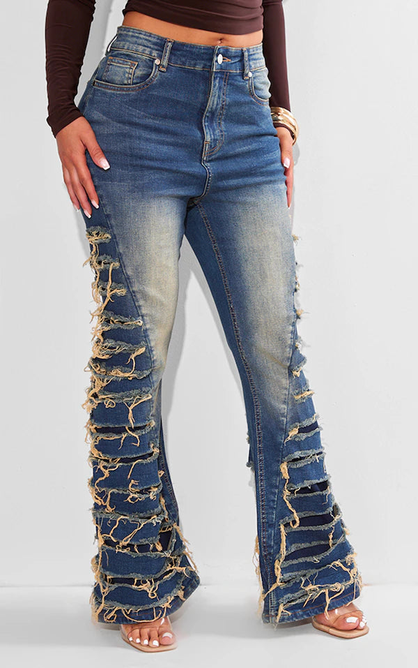 Shape Indigo Vintage Wash Denim Extreme Ripped Flare Jeans
