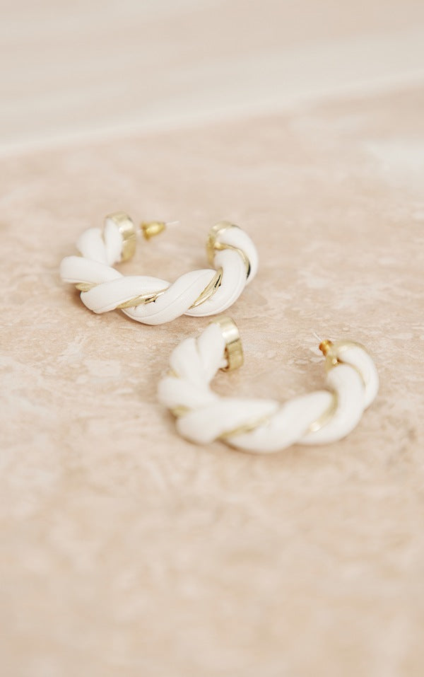 Cream PU Twist Hoop Earrings