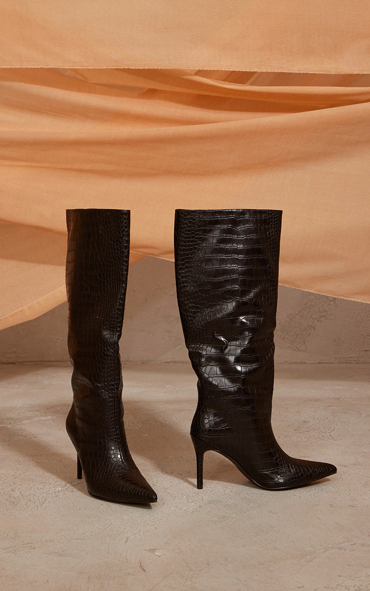 Black PU Croc Detail Point Toe Stiletto Heeled Knee Boots