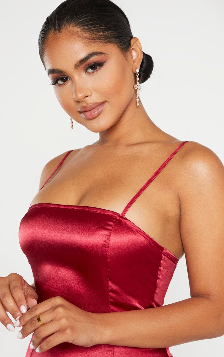 Petite Burgundy Satin Strappy Straight Neck Bodycon Dress