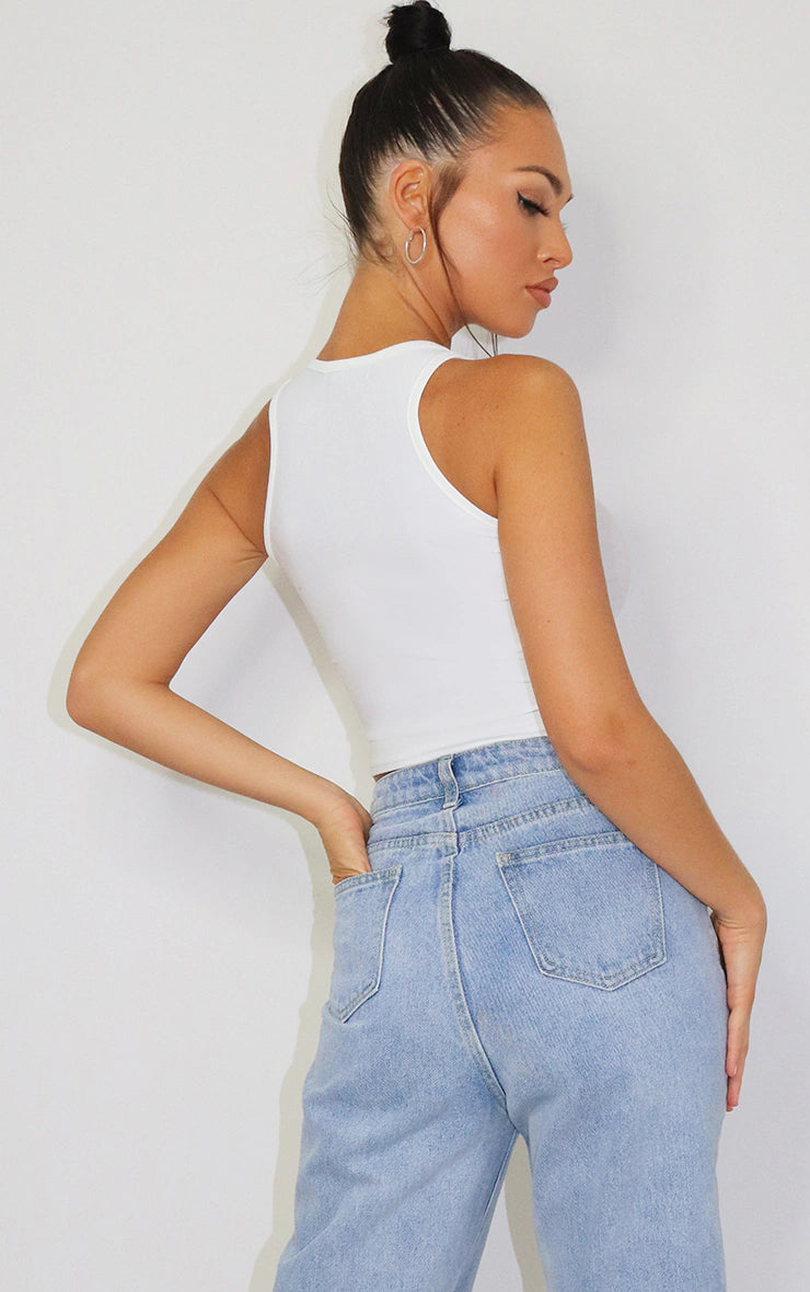 White Slinky Fitted Racer Crop Top