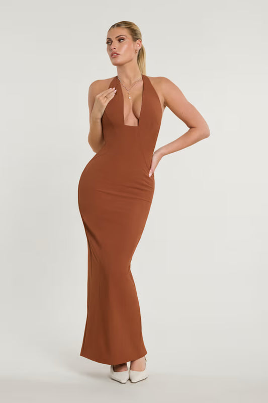 OhPolly - Woven Twill Halter Neck Plunge Maxi Dress in Chestnut Brown