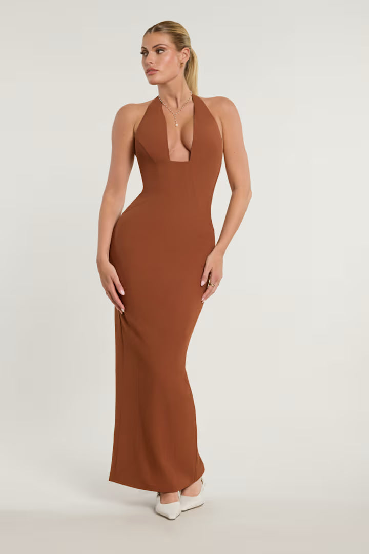 OhPolly - Woven Twill Halter Neck Plunge Maxi Dress in Chestnut Brown