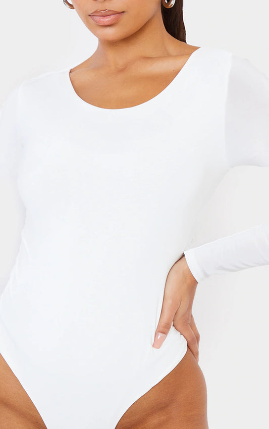 White Second Skin Long Sleeve Thong Bodysuit