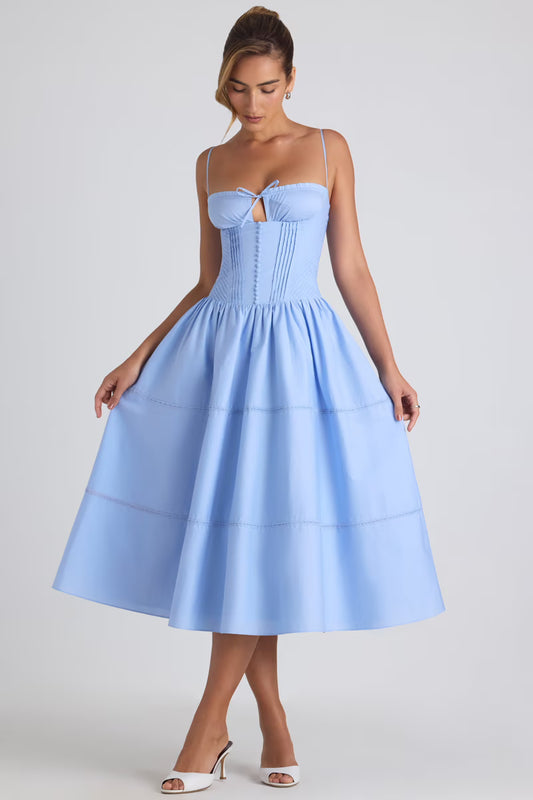 OhPolly - Lace-Trim Pintucked Poplin Midaxi Dress in Sky Blue