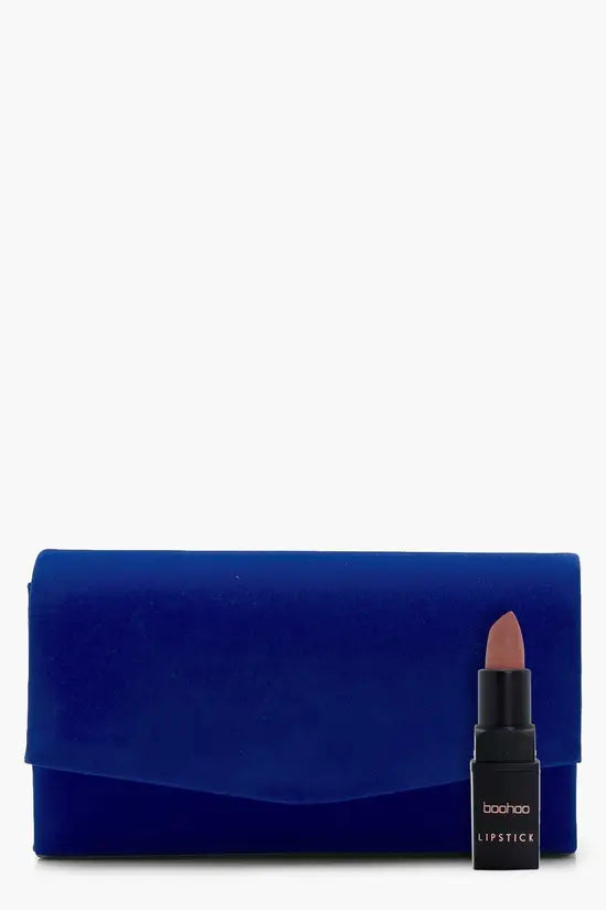 Boohoo - Structured Suedette Clutch Bag & Chain - Cobalt