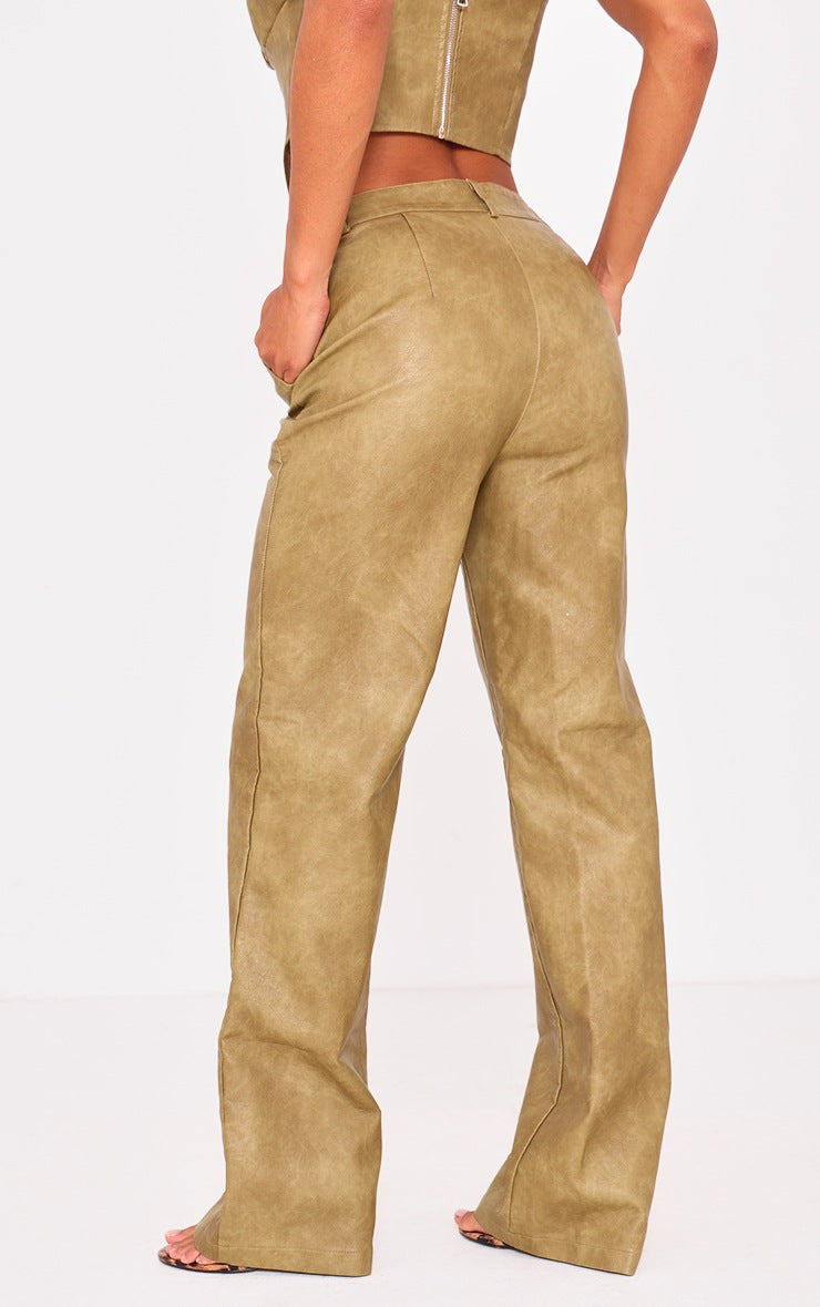 Premium Olive Washed Faux Leather Dip Waist Flared Pants