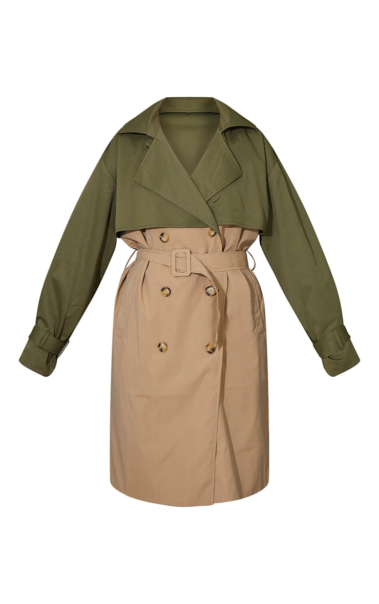 Khaki Contrast Oversized Belted Midi Trench Coat