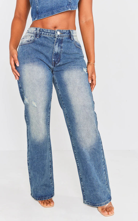 Shape Mid Blue Acid Wash Washed Denim Wide Leg Jeans