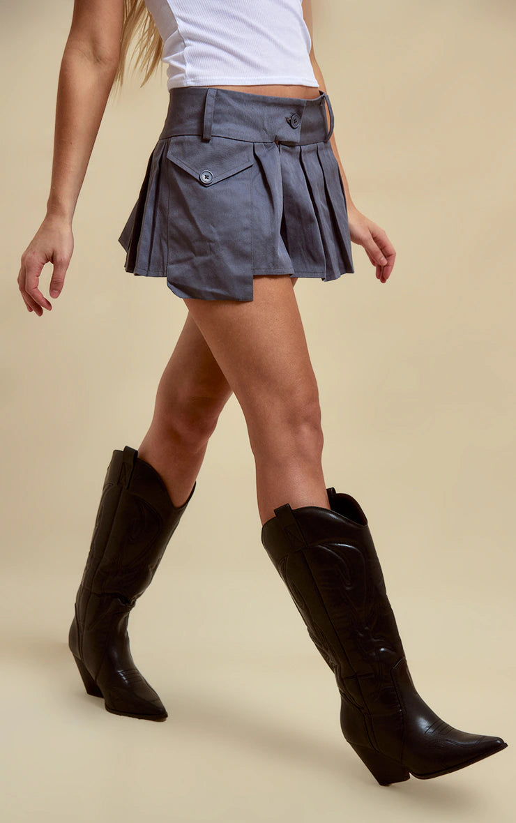 Blue Grey Pocket Front Pleated Cargo Extreme Micro Mini Skirt