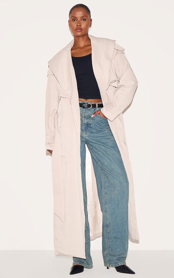 Plt - Ecru Textured Tie Detail Oversized Trench Coat
