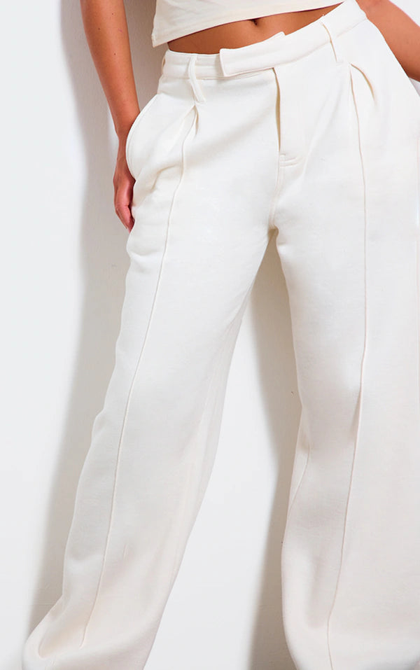 Cream Pintuck Fleeceback Tailored Sweatpants