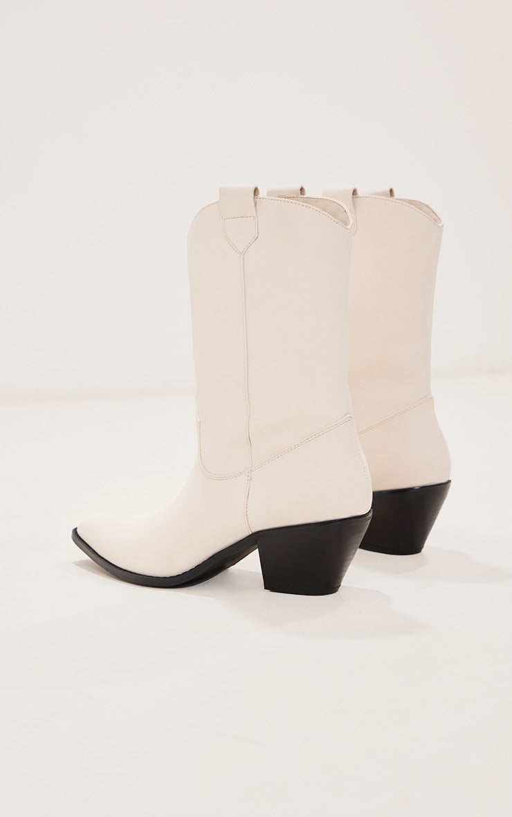 Beige Western PU Stitch Detail Pull On Calf Boots