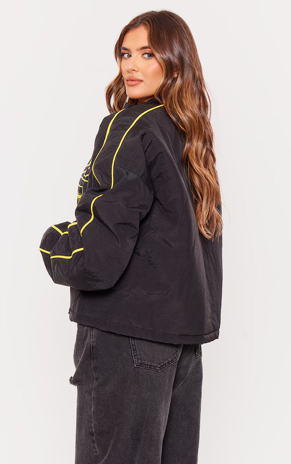 Plt - Black Contrast Oversized Slogan Zip Up Racer Bomber