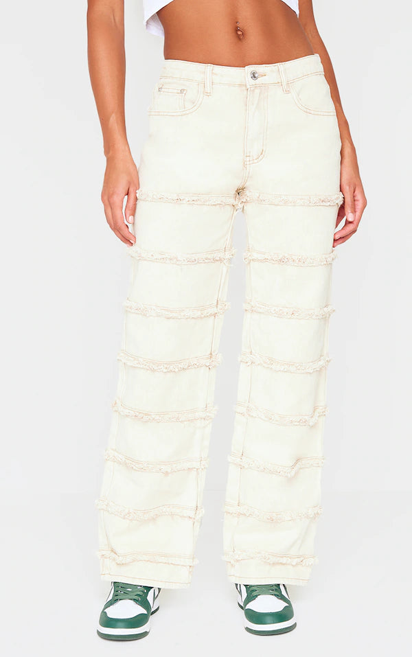 Plt - Washed Stone Frayed Striped Seam Wide Leg Jeans