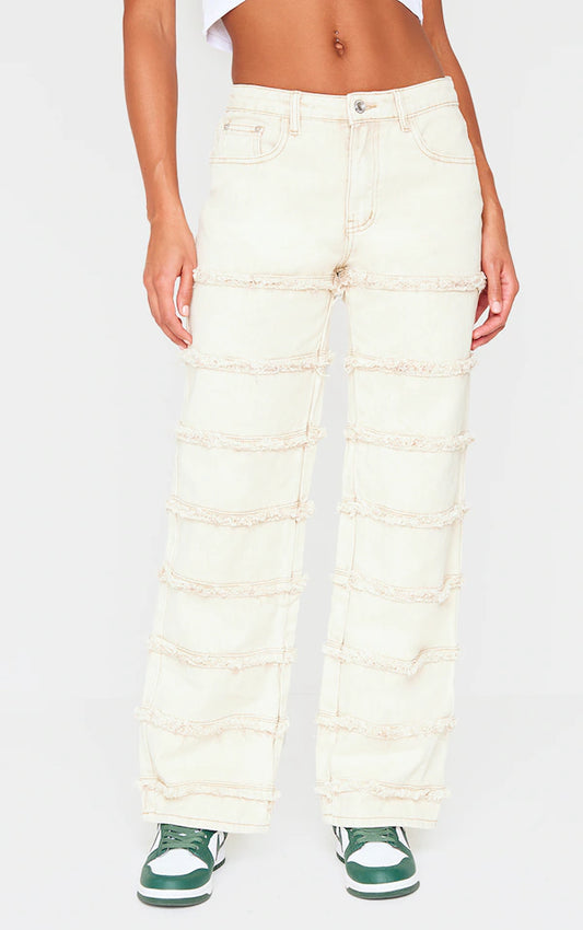 Plt - Washed Stone Frayed Striped Seam Wide Leg Jeans