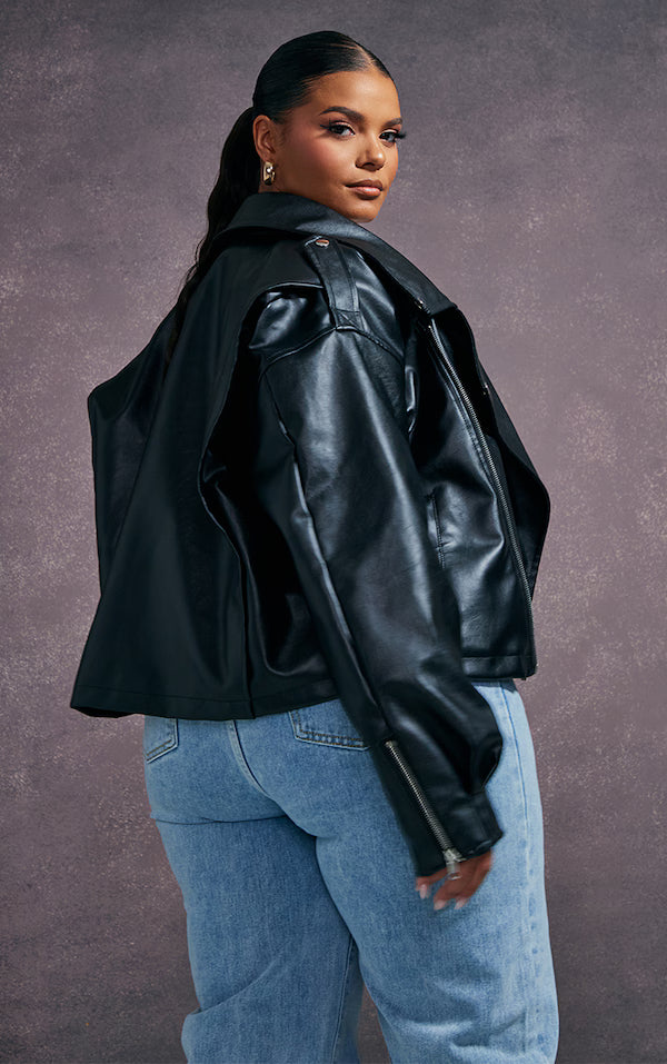 Plus Black Faux Leather Contrast Quilted Lining Oversized Biker Jacket