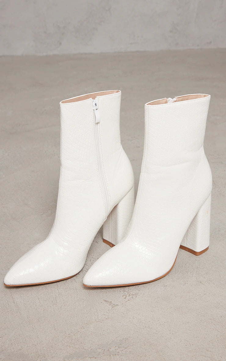 White Faux Snake Ankle Boot