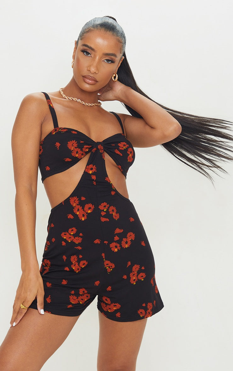 Black Ditsy Floral Cut Out Detail Romper