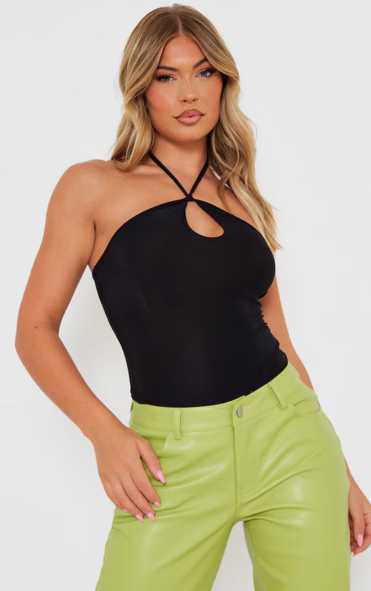 Black Slinky Cut Out Halter Bodysuit