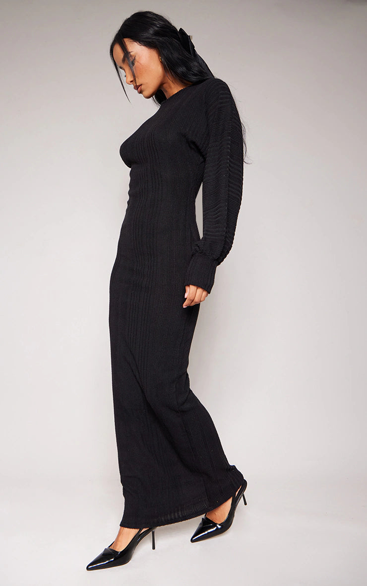 Black Brushed Rib Batwing Sleeve Maxi Dress