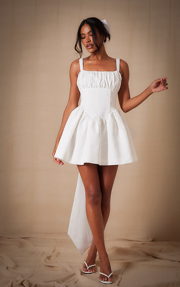 Premium White Woven Bow Detail Mini Dress