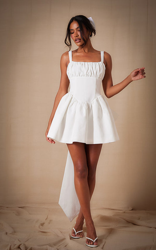 Premium White Woven Bow Detail Mini Dress
