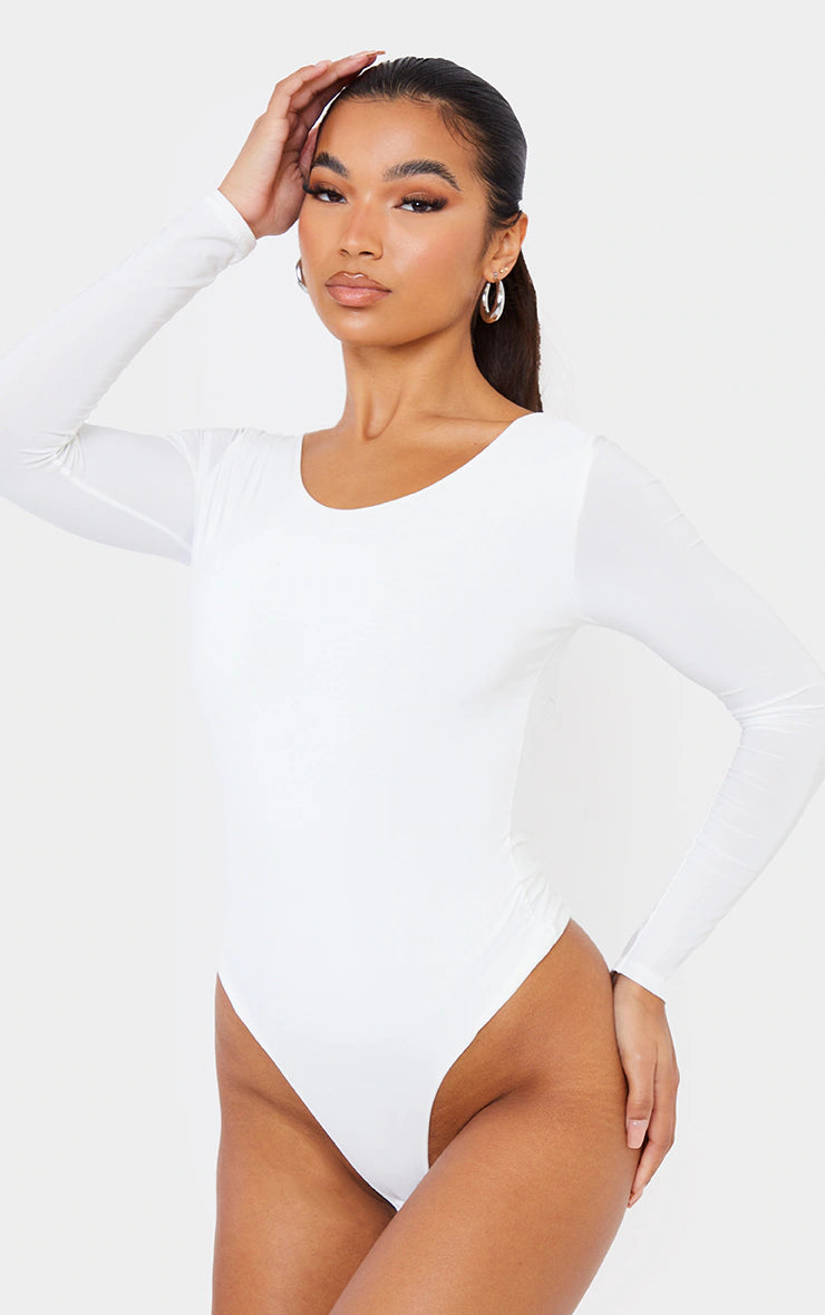 Cream Basic Slinky Long Sleeve Bodysuit