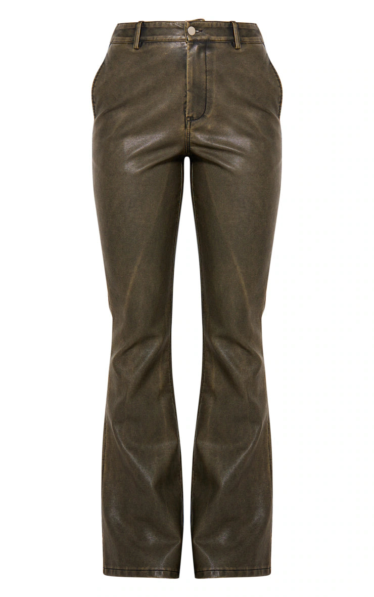 Washed Brown Faux Leather Flared Pants