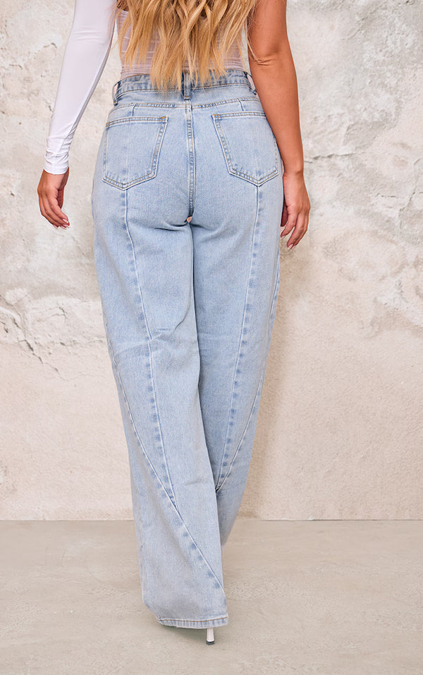 Light Blue Washed Front Seam Detail Wide Leg Jeans