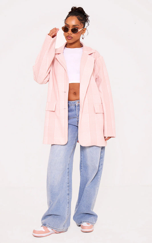 LIGHT PINK TEXTURED OVERSIZED DROP SHOULDER BLAZER