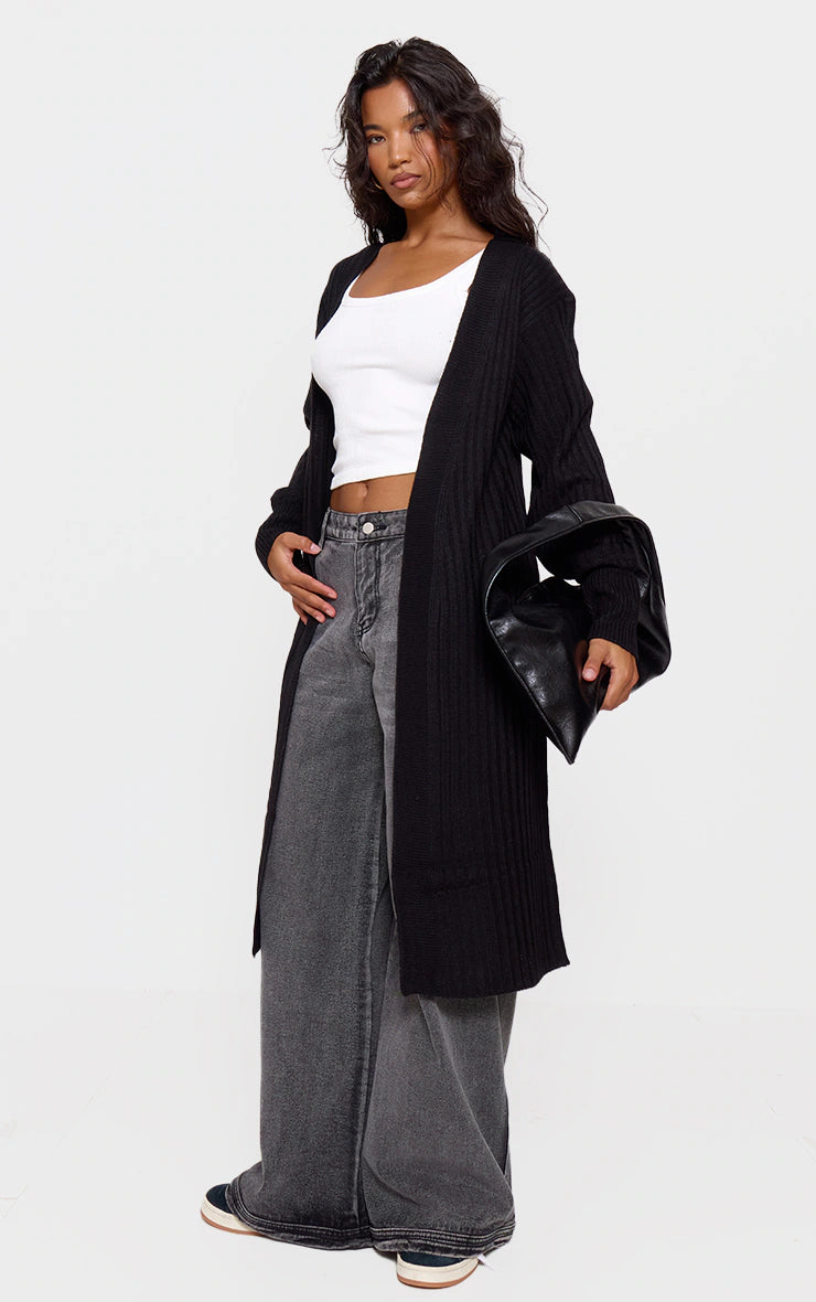 BLACK RIBBED KNITTED MIDI CARDIGAN