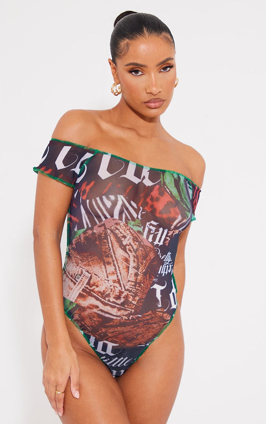 Black Mesh Printed Contrast Seam Bardot Bodysuit
