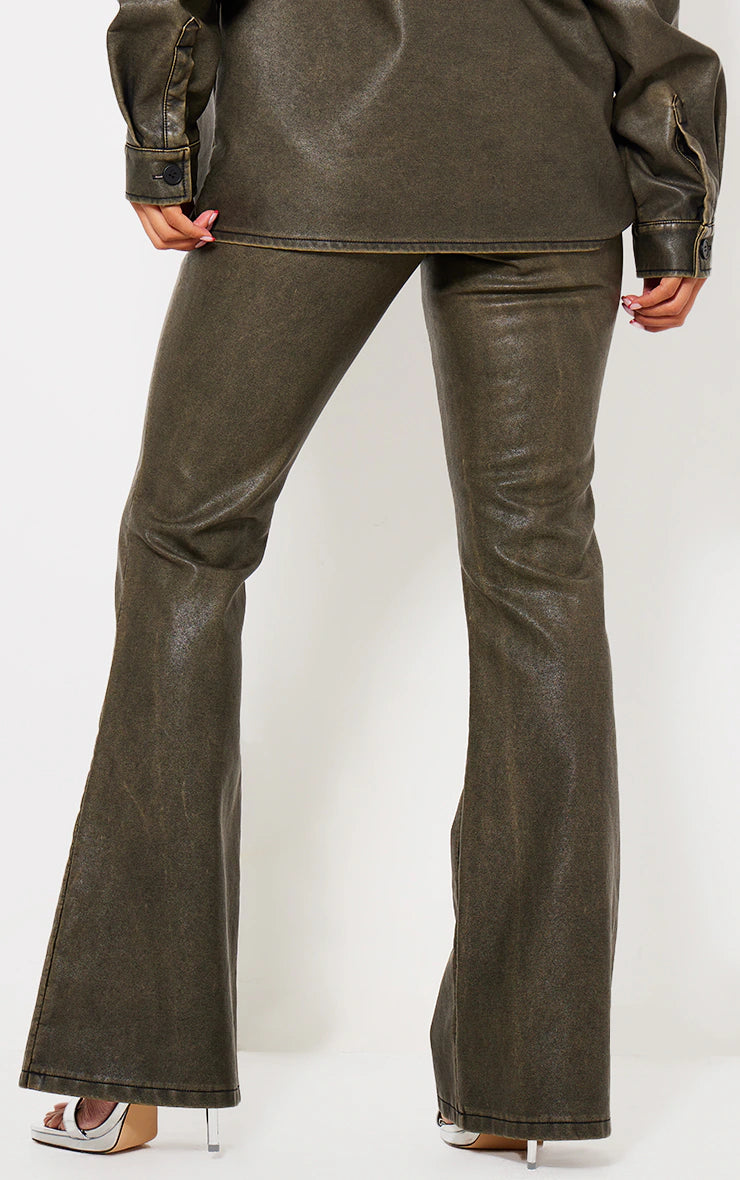 Washed Brown Faux Leather Flared Pants