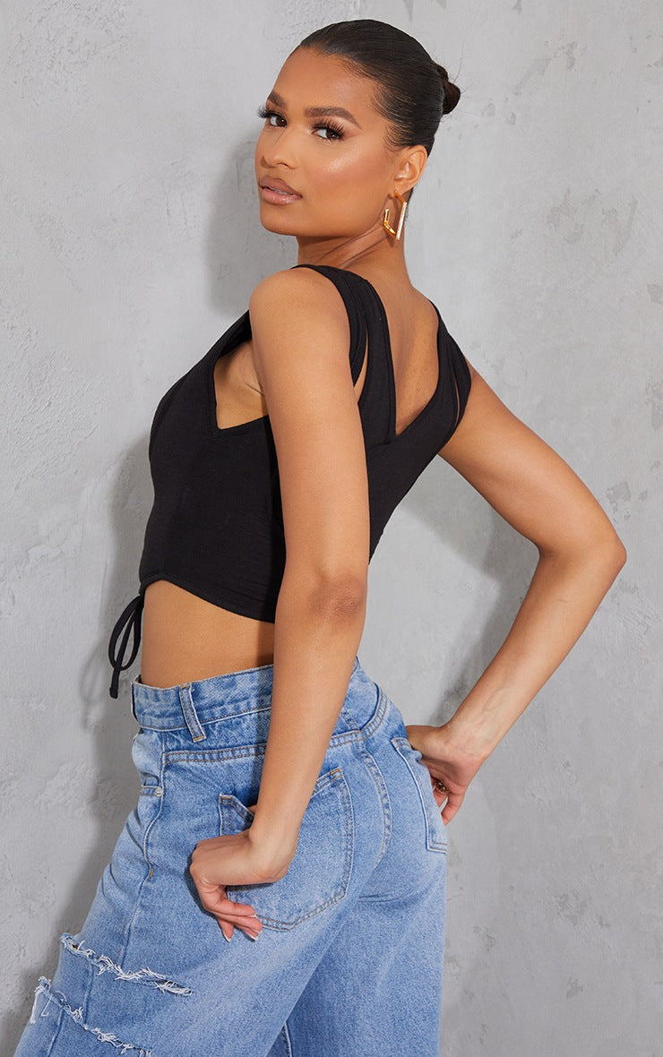 Black Cotton V Neck Double Strap Lace Up Corset Crop Top