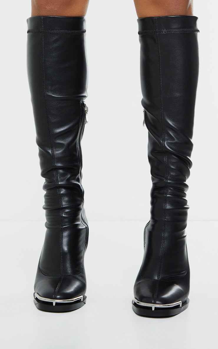 Black Matte PU Round Toe Knee High Heeled Boots