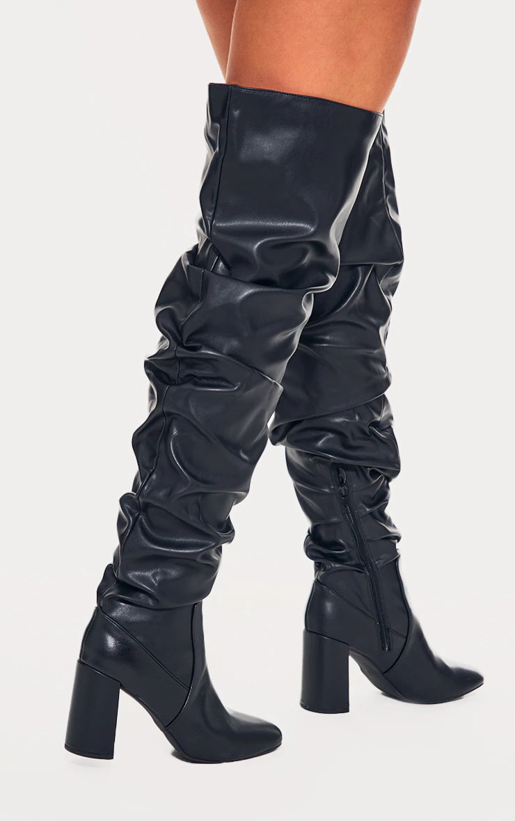 Black Pu Round Toe Ruched Over The Knee Block Heeled Boots